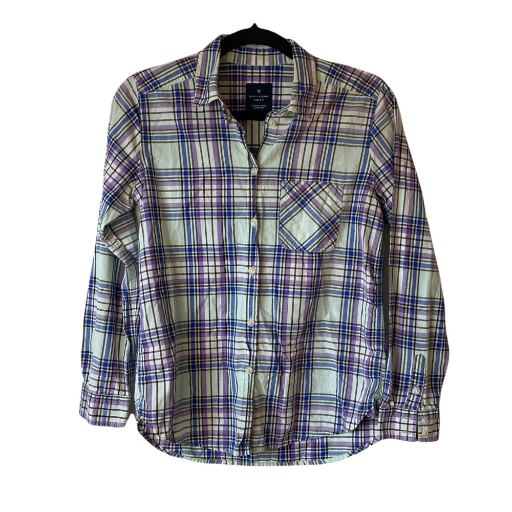 American Eagle Women’s Green Purple Plaid Boyfriend Fit Button Down Top